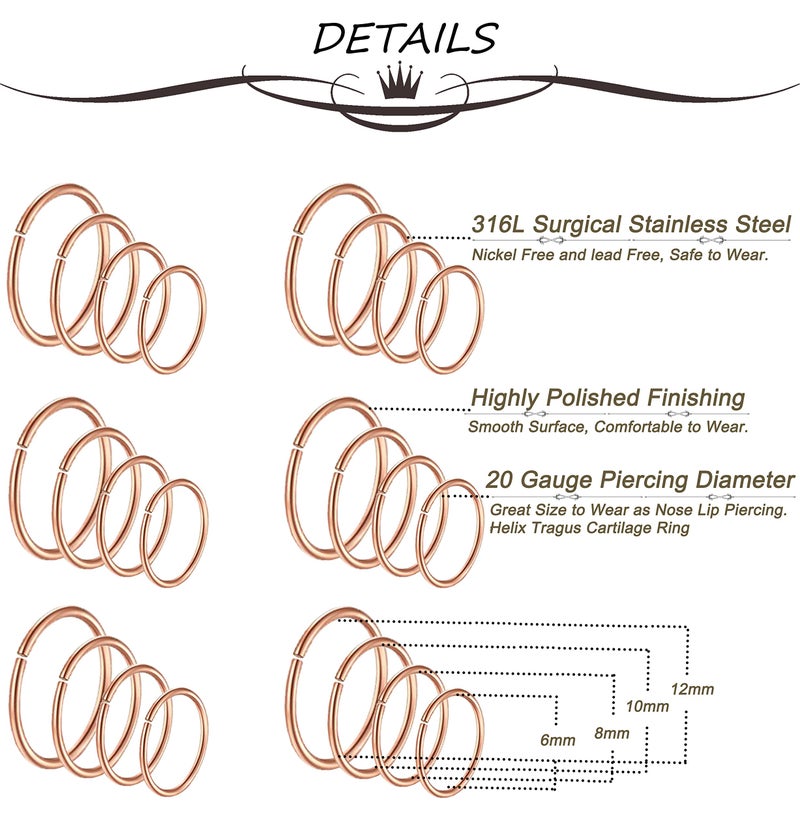 Masedy 24Pcs 20G 316L Stainless Steel Nose Rings Hoop Tragus Cartilage Helix Piercing Lip Septum Ring Rose-Gold Bendable - Image 3